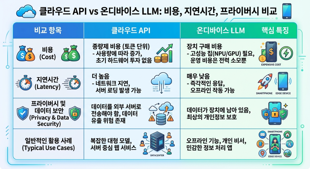 클라우드 API와 온디바이스 LLM의 비용, 지연시간, 프라이버시를 비교하는 인포그래픽 표
